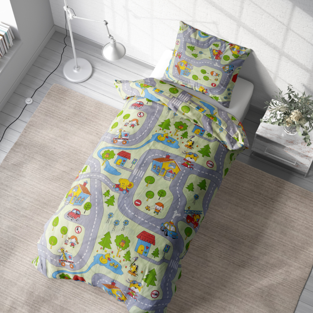 Laste voodipesu komplekt "Fun city". Beebi voodipesu komplektid, 90x120 cm, 100x135 cm, 100x140 cm, 110x140 cm, 140x200 cm, 150x200 cm