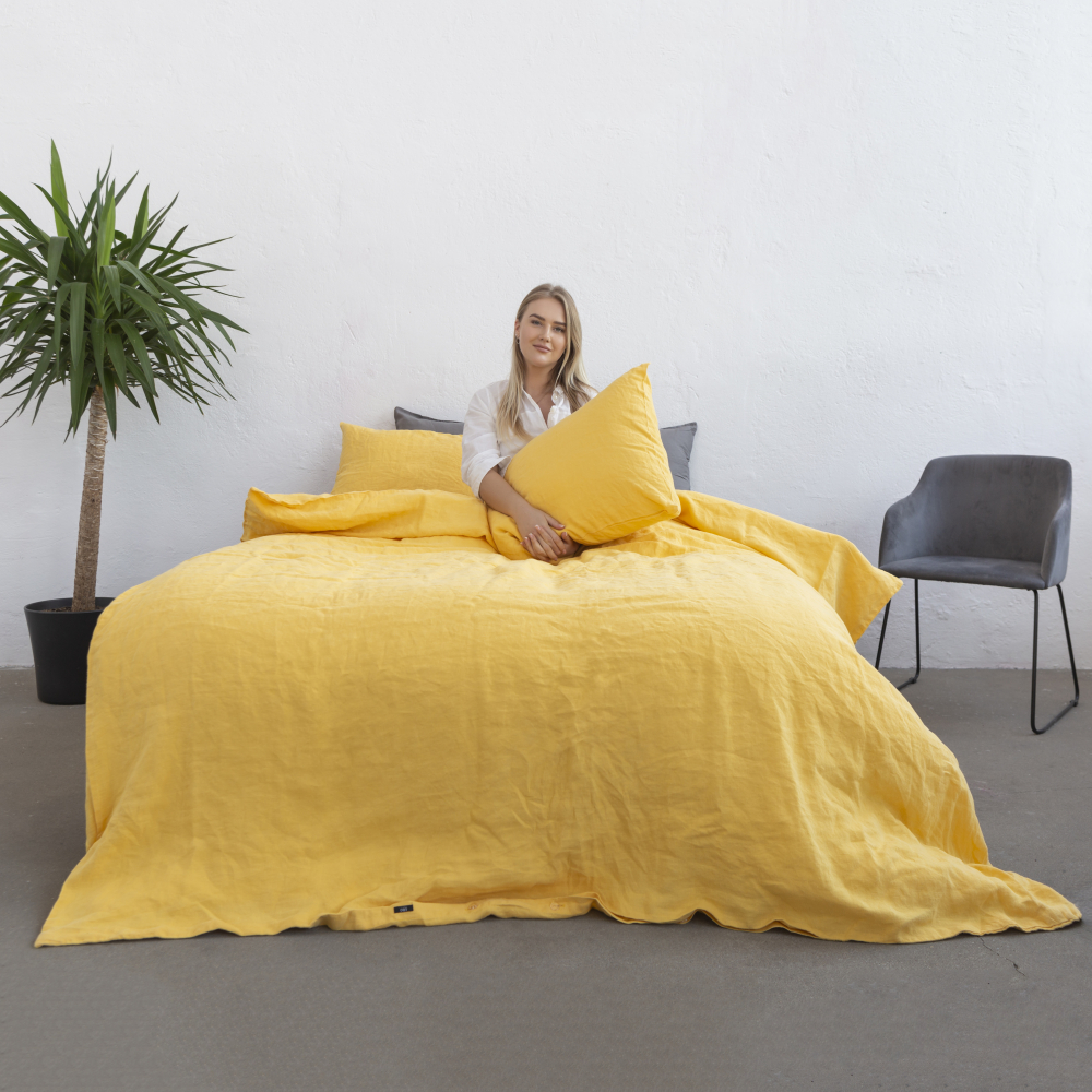 Linane voodipesu „Linen yellow“. Linane voodipesu, 140x200 cm