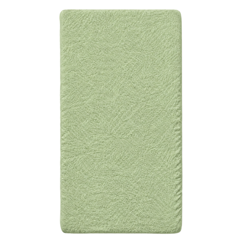Kummiga voodilina „Olive frote“. Kummiga voodilina 180x200, 90x200 cm, 140x200 cm, 160x200 cm, 180x200 cm, 200x220 cm. Roheline froteest kummiga voodilina ühtlaselt tekstuurse pinnaga.