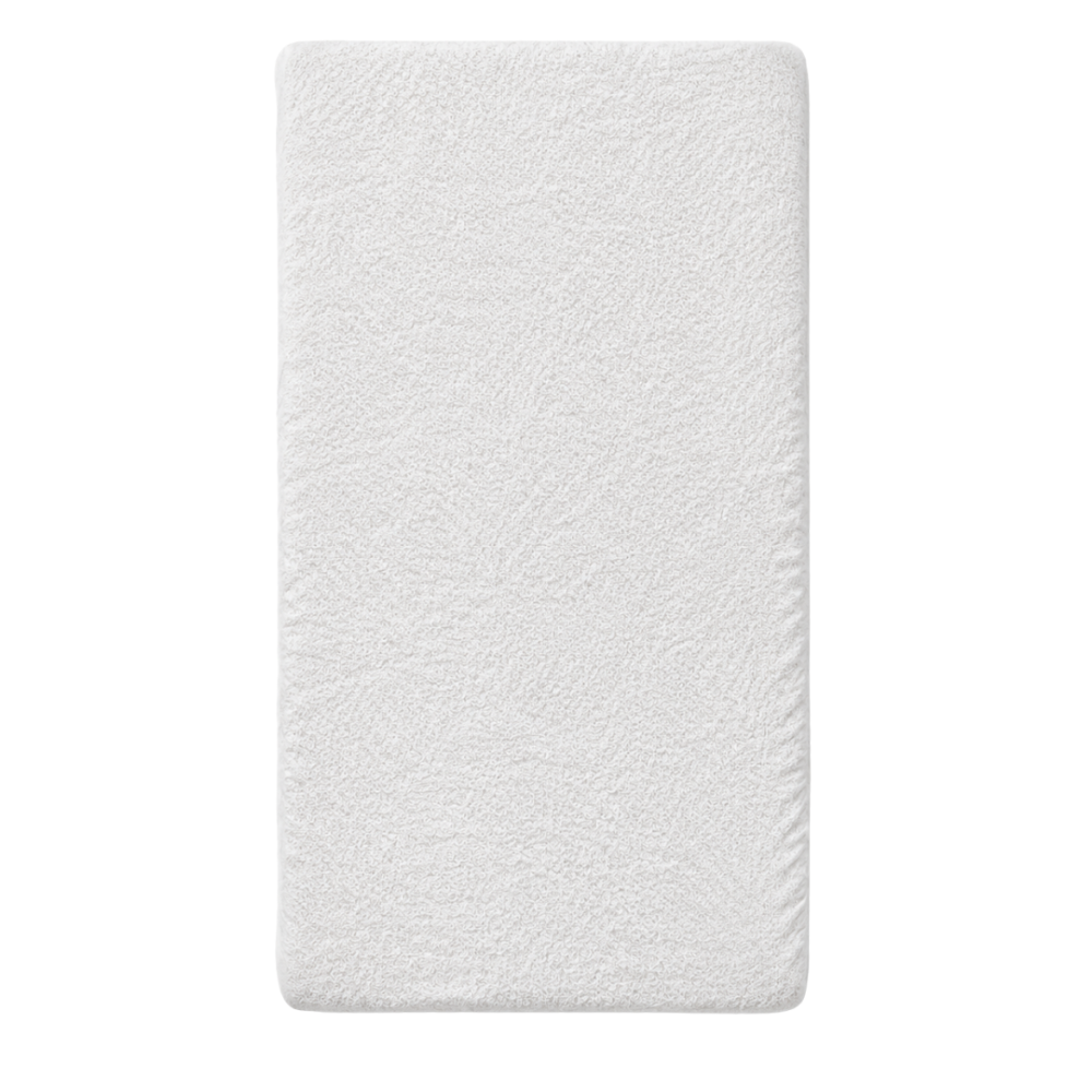 Kummiga voodilina „White frote“. Kummiga voodilina 180x200, 90x200 cm, 140x200 cm, 160x200 cm, 180x200 cm, 200x220 cm. Valge froteest kummiga voodilina tihedate väikeste silmustega.