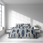 Kortsukangast voodipesu „Kora Indigo Drift“. Puuvillane voodipesu, 140x200 cm, 200x200 cm, 200x220 cm, 220x240 cm. Helehall voodipesu modernse siniste toonidega lehemustriga.