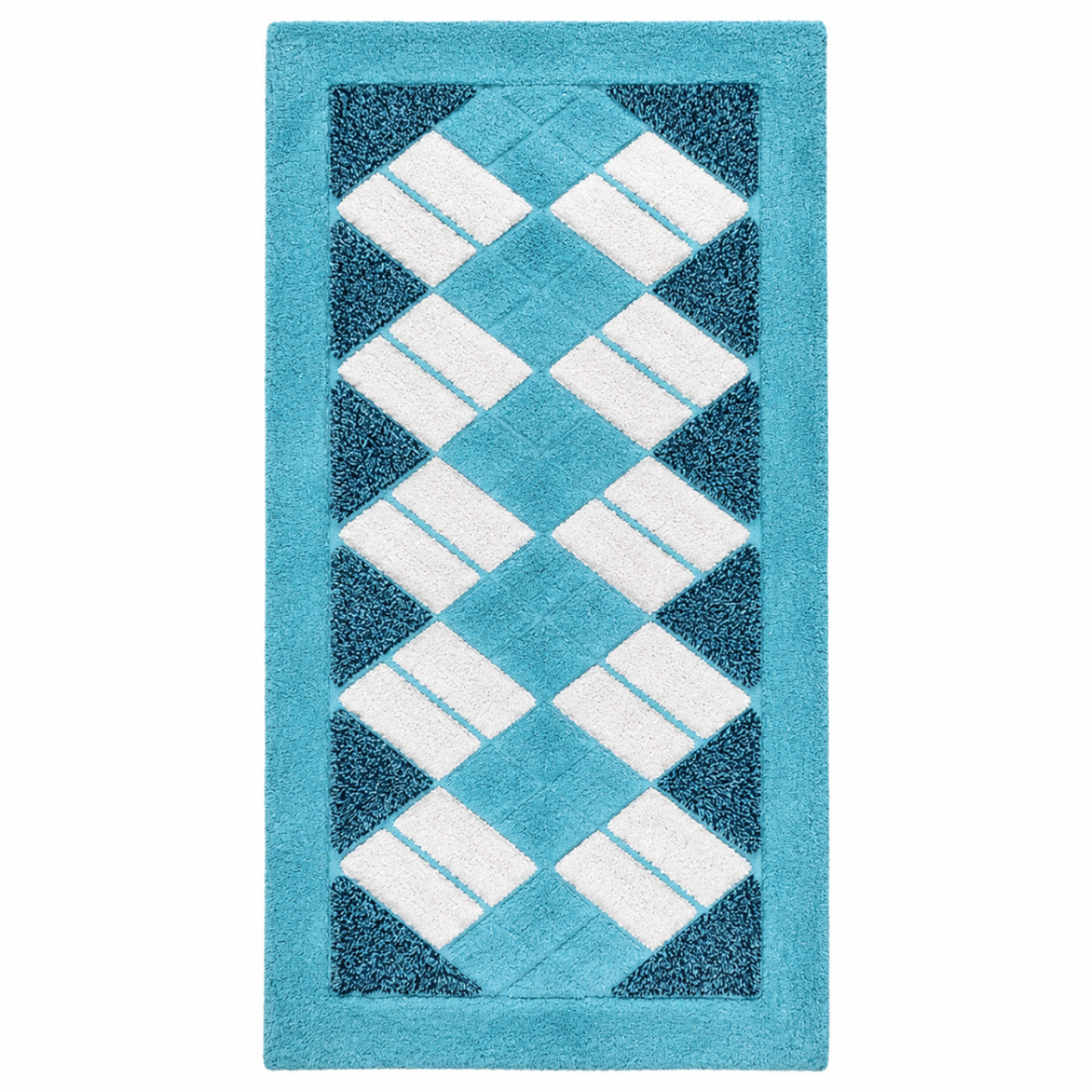 Vaip „Blue Diamond Mosaic Rug“. Vannitoa vaibad, 70x140 cm. Ristkülikukujuline sinine vaip valgete ristkülikutega, mis on paigutatud kaldjoontes rombumustrisse. Vaip „Blue Diamond Mosaic Rug“. Vannitoa vaibad, 70x140 cm. Ristkülikukujuline sinine vaip valgete ristkülikutega, mis on paigutatud kaldjoontes rombumustrisse.