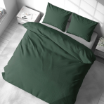 Linane voodipesu "Linen Dark Green". Linane voodipesu, 140x200 cm, 200x200 cm, 200x220 cm, 220x240 cm. Moodne magamistuba tumerohelise lina voodipesuga puhtal heledal taustal.