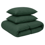 Linane voodipesu "Linen Dark Green". Voodipesu komplektid 150x200, 140x200 cm, 150x200 cm, 160x200 cm, 180x200 cm, 200x200 cm, 200x220 cm, 220x240 cm. Voodi kaetud tumerohelise linase voodipesuga kahe padjaga heledas interjööris.