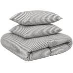 Linane voodipesu „Linen Grey Stripes“. Voodipesu komplektid 150x200, 140x200 cm, 150x200 cm, 160x200 cm, 180x200 cm, 200x200 cm, 200x220 cm, 220x240 cm. Hallikasvalge voodipesukomplekt peente vertikaalsete triipudega.