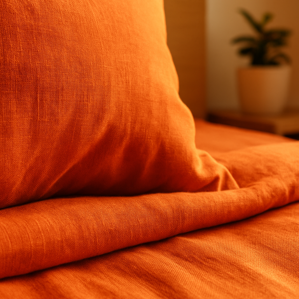 Linane voodipesu "Linen Orange". Linane voodipesu, 140x200 cm, 200x200 cm, 200x220 cm, 220x240 cm. Pehme lina tekstuur erkroosas voodipesukomplektis.