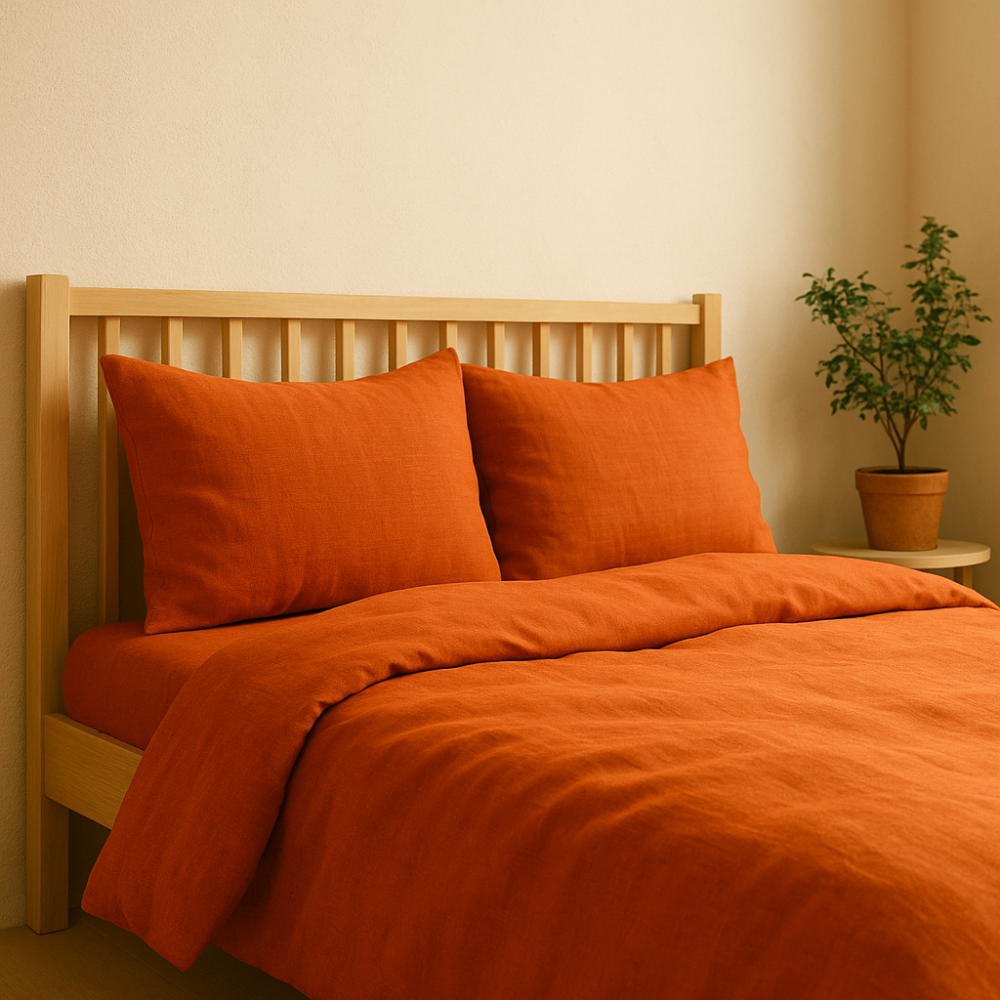 Linane voodipesu "Linen Orange". Linane voodipesu, 140x200 cm, 200x200 cm, 200x220 cm, 220x240 cm. Mati viimistlus oranžil linakomplektil.