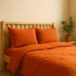 Linane voodipesu "Linen Orange". Linane voodipesu, 140x200 cm, 200x200 cm, 200x220 cm, 220x240 cm. Mati viimistlus oranžil linakomplektil.