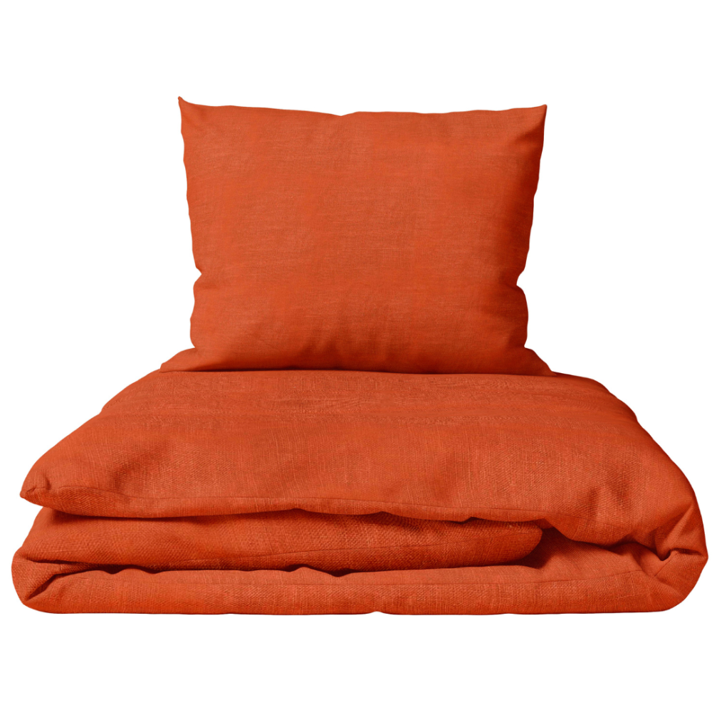 Linane voodipesu "Linen Orange". Linane voodipesu, 140x200 cm, 200x200 cm, 200x220 cm, 220x240 cm. Erksas oranž värv lina teki- ja padjapüürikatteks ilma mustrita.
