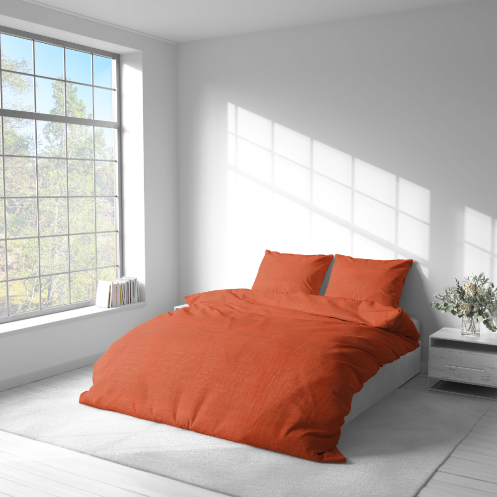 Linane voodipesu "Linen Orange". Linane voodipesu, 140x200 cm, 200x200 cm, 200x220 cm, 220x240 cm. Pehme lina tekstuur erkroosas voodipesukomplektis.