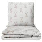 Musliinist voodipesu komplekt "Sweet Bunny Rest". Puuvillane voodipesu, 140x200 cm, 160x200 cm. Valge voodipesukomplekt, millel on peene liivakarva jänesemuster, minimalistlik ja mänguline disain.