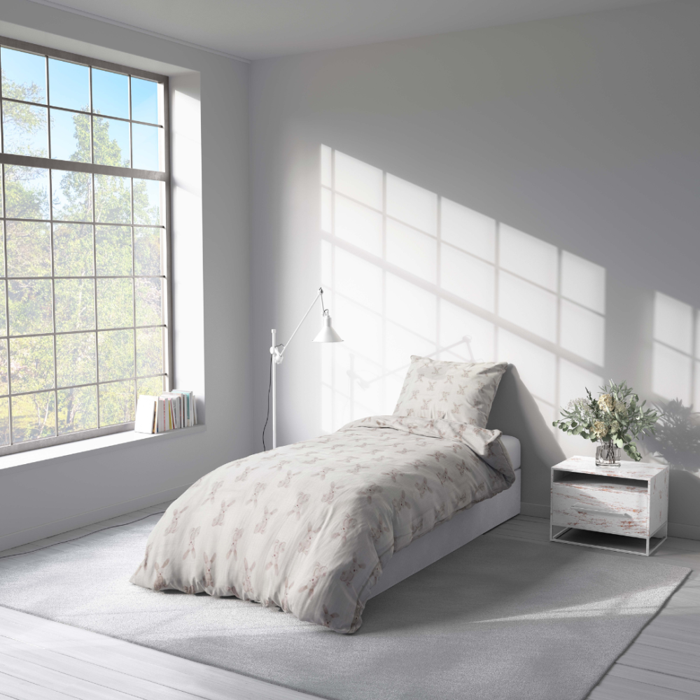 Musliinist voodipesu komplekt "Sweet Bunny Rest". Puuvillane voodipesu, 140x200 cm, 160x200 cm. Peen ja elegantselt disainitud voodipesu, millel on mängulised jänesed, sobib suurepäraselt magamistuppa.