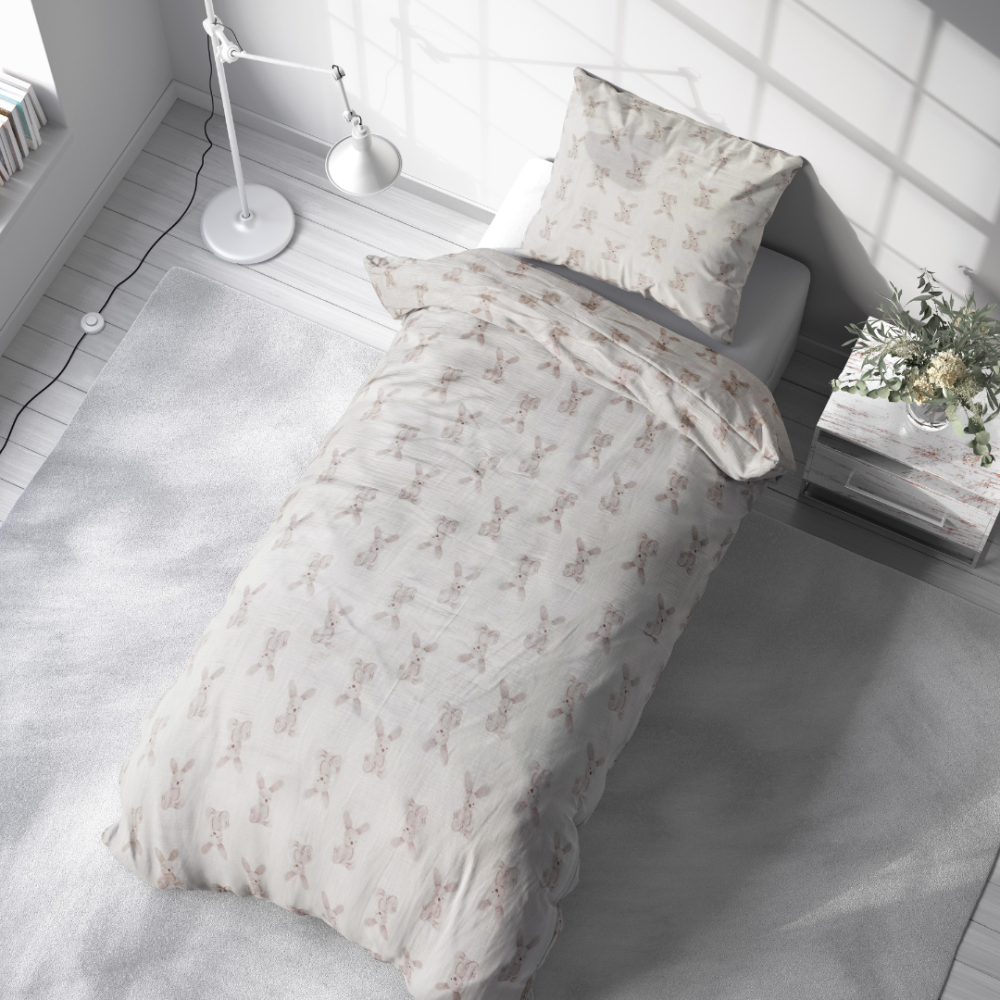 Musliinist voodipesu komplekt "Sweet Bunny Rest". Puuvillane voodipesu, 140x200 cm, 160x200 cm. Hele, pehme ja mugav voodipesukomplekt liivakarva jänesemustriga, luues rahu ja soojust.