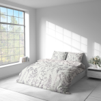 Voodipesu komplekt "Alkali". Mustriline voodipesu, 140x200 cm, 200x200 cm, 200x220 cm. Tekikate ja padjapüüred minimalistliku botaanilise joonismustriga tumelilla toonis.