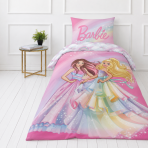 Voodipesu komplekt "Barbie". Puuvillane voodipesu, 135x200 cm. Pastellroosa disain barbie, vikerkaarte ja valgete pilvedega.