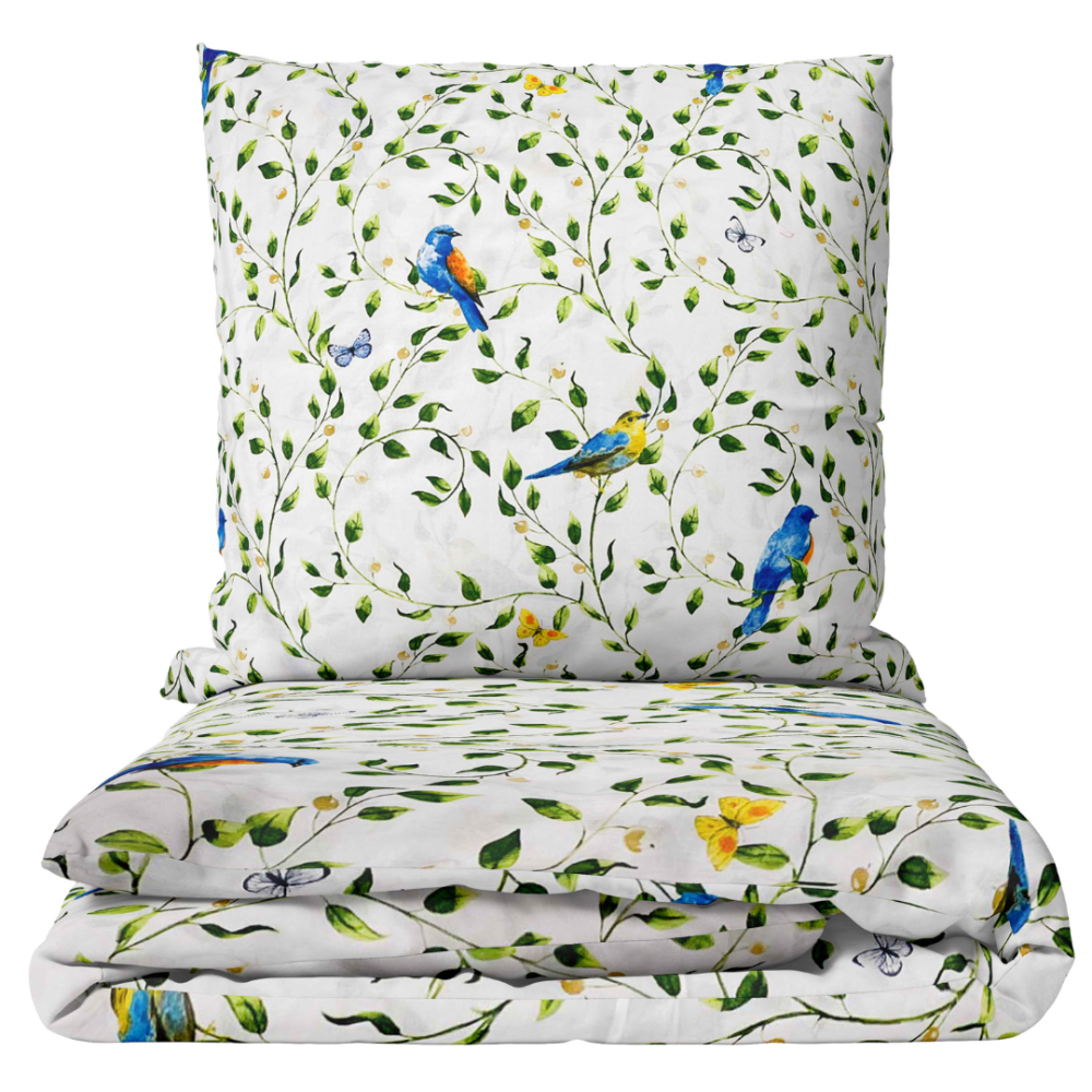 Voodipesu komplekt "Birds in Bloom". Puuvillane voodipesu, 140x200 cm, 200x200 cm, 200x220 cm, 220x240 cm. Lastevoodi komplekt siniste lindude ja roheliste lehtedega valgel taustal, luues loodusliku ja rahuliku disaini.