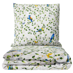 Voodipesu komplekt "Birds in Bloom". Puuvillane voodipesu, 140x200 cm, 200x200 cm, 200x220 cm, 220x240 cm. Lastevoodi komplekt siniste lindude ja roheliste lehtedega valgel taustal, luues loodusliku ja rahuliku disaini.