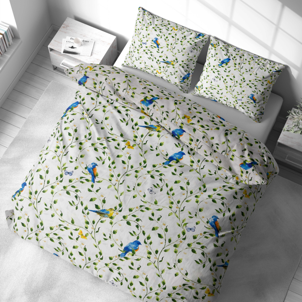 Voodipesu komplekt "Birds in Bloom". Puuvillane voodipesu, 140x200 cm, 200x200 cm, 200x220 cm, 220x240 cm. Voodipesu komplekt kaunite lindude ja taimede motiividega, ideaalne looduse ja rahu nautijatele.