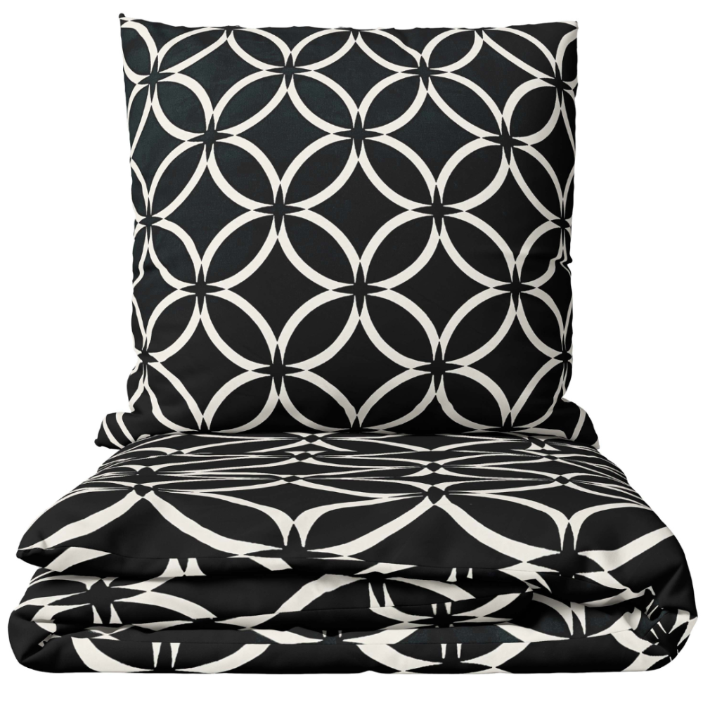 Voodipesu komplekt "Black Retro Rings". Voodipesu komplektid 200x220, 140x200 cm, 160x200 cm, 200x200 cm, 200x220 cm. Musta voodipesukomplekt valgete kattuvate ringidega