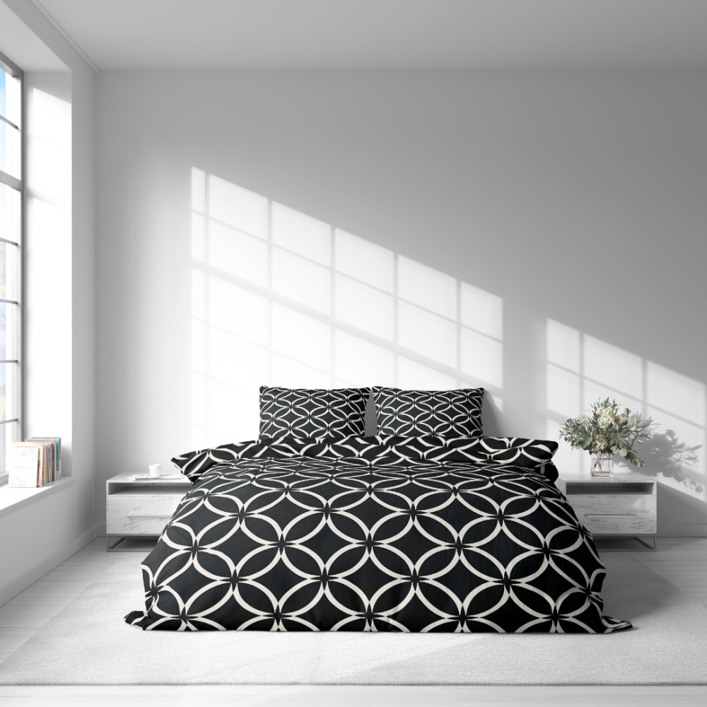 Voodipesu komplekt "Black Retro Rings". Voodipesu komplektid 200x220, 140x200 cm, 160x200 cm, 200x200 cm, 200x220 cm. Kontrastne mustvalge muster stiliseeritud lillemotiividega