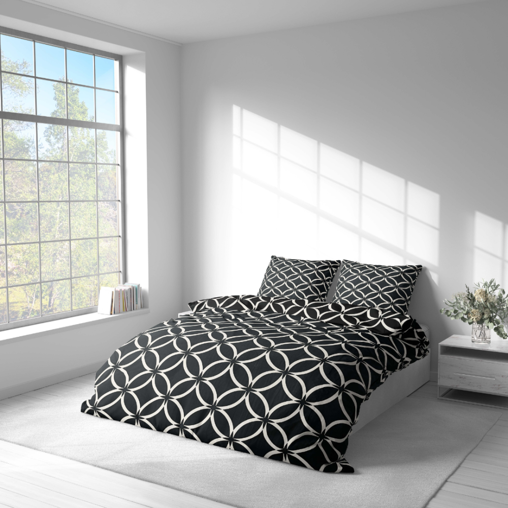 Voodipesu komplekt "Black Retro Rings". Voodipesu komplektid 200x220, 140x200 cm, 160x200 cm, 200x200 cm, 200x220 cm. Geomeetriline mustvalge disain modernsesse interjööri