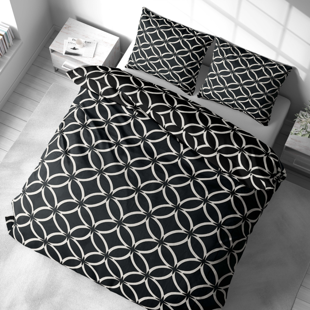 Voodipesu komplekt "Black Retro Rings". Voodipesu komplektid 200x220, 140x200 cm, 160x200 cm, 200x200 cm, 200x220 cm. Sümmeetriline ringimuster mustal taustal