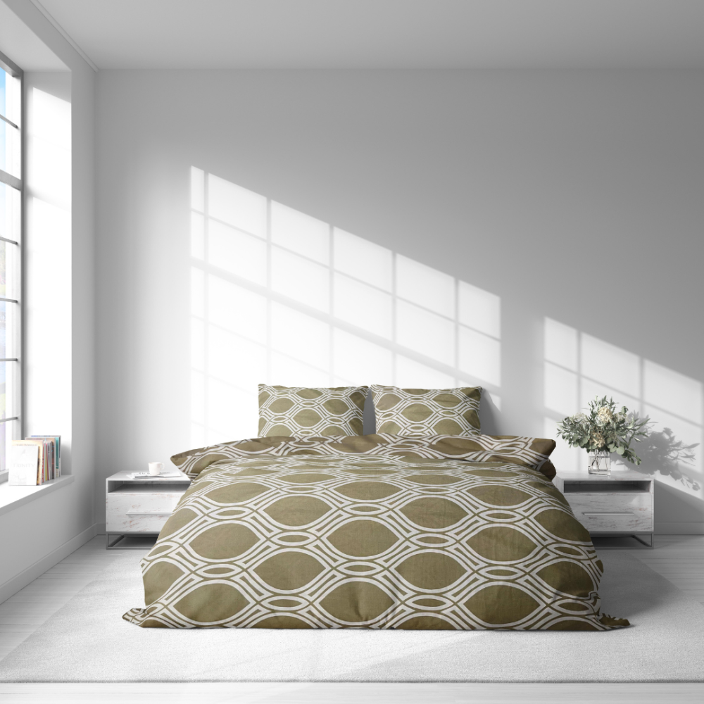 Voodipesu komplekt "Olive Orbit". Mustriline voodipesu, 140x200 cm, 150x200 cm, 160x200 cm, 180x200 cm, 200x200 cm, 200x220 cm, 220x240 cm. Voodipesu põimunud joonte mustriga oliivirohelisel taustal