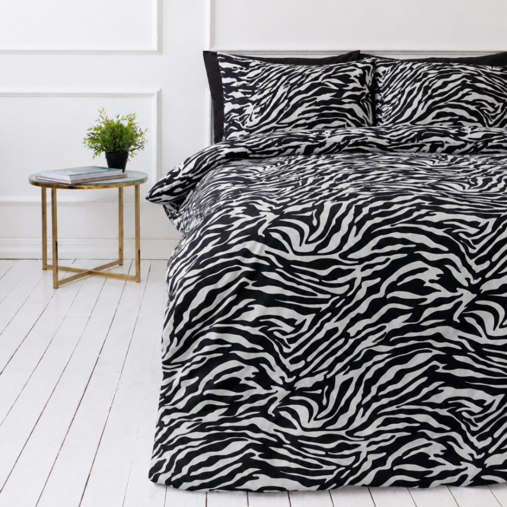 Voodipesu komplekt "Black Safari". Mustriline voodipesu, 140x200 cm, 150x200 cm, 160x200 cm, 180x200 cm, 200x200 cm, 200x220 cm, 220x240 cm. Kontrastse mustvalge sebradisainiga voodipesukomplekt