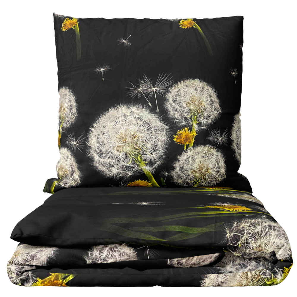 Voodipesu komplekt "Dandelion Night". Voodipesu komplektid 140x200, 140x200 cm, 200x200 cm, 200x220 cm. Voodipesu komplekt, millel on mustal taustal võilillede ja kollaste lillede muster.