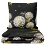 Voodipesu komplekt "Dandelion Night". Voodipesu komplektid 140x200, 140x200 cm, 200x200 cm, 200x220 cm. Voodipesu komplekt, millel on mustal taustal võilillede ja kollaste lillede muster.