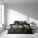 Voodipesu komplekt "Dandelion Night". Voodipesu komplektid 140x200, 140x200 cm, 200x200 cm, 200x220 cm. Voodipesu, millel on õrn võilillede ja lillede disain, mis kontrastib musta taustaga.