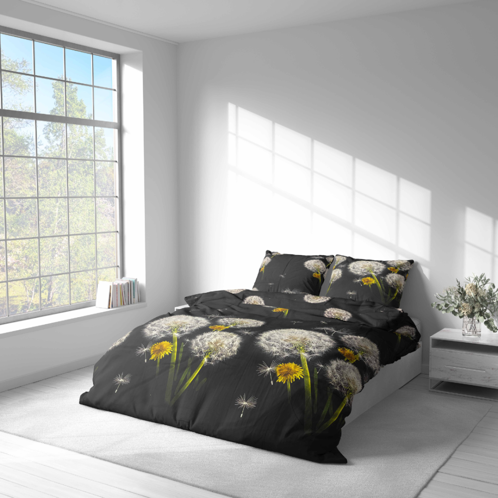 Voodipesu komplekt "Dandelion Night". Voodipesu komplektid 140x200, 140x200 cm, 200x200 cm, 200x220 cm. Mustal voodipesu taustal paistab silma võilillede ja kollaste lillede muster.
