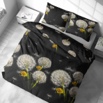 Voodipesu komplekt "Dandelion Night". Voodipesu komplektid 140x200, 140x200 cm, 200x200 cm, 200x220 cm. Voodipesu komplekt, mis ühendab võilillede ja kollaste lillede motiivid musta taustaga.