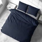 Voodipesu komplekt "Dark Blue Stripes". Voodipesu komplektid 140x200, 140x200 cm, 200x200 cm, 200x220 cm. Stiilne ja stiilne tumesinine voodipesukomplekt klassikalise triibumustriga, mis sobib ideaalselt magamistoa rafineeritud atmosfääri.