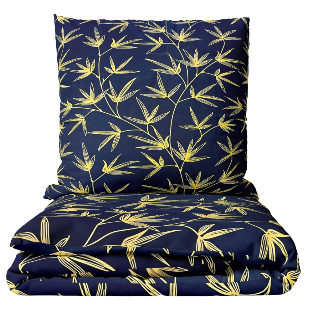 Voodipesu komplekt "Dawn Botanical". Voodipesu komplektid 140x200, 140x200 cm, 160x200 cm, 200x200 cm, 200x220 cm. Tumesinine voodipesukomplekt, kus on elavad kollased oksad, luues silmatorkava kontrasti teie magamistoa sisustuses.