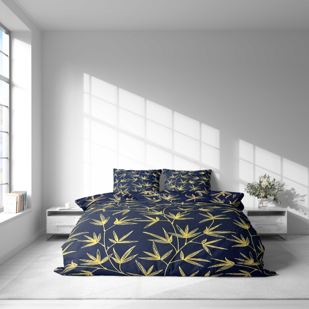 Voodipesu komplekt "Dawn Botanical". Voodipesu komplektid 140x200, 140x200 cm, 160x200 cm, 200x200 cm, 200x220 cm. Elegantsed tumesinised voodipesukomplektid keerukate kollaste oksade mustritega, ideaalne stiilseks ja rahulikuks magamistoaks.