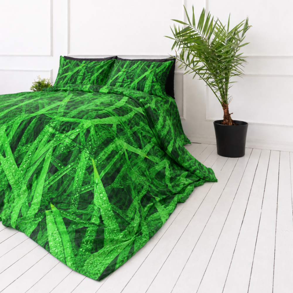 Voodipesu komplekt "Dewdrop". Mustriline voodipesu, 140x200 cm, 200x200 cm, 200x220 cm. Voodipesu rohu ja kastepiiskadega, loodusliku ja värske mulje loomiseks.