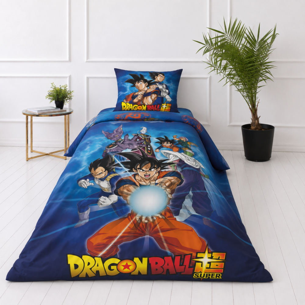 Voodipesu komplekt "Dragon Ball Super". Puuvillane voodipesu, 135x200 cm. Kahepoolne sinine dragon ball superi disain tegelaskujude ning oranžide, valgete ja tumesiniste sümbolitega