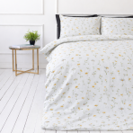 Voodipesu komplekt "Enigma". Mustriline voodipesu, 100x140 cm, 140x200 cm, 150x200 cm, 160x200 cm, 180x200 cm, 200x200 cm, 200x220 cm, 220x240 cm. Elegantne valge voodipesukomplekt valgel taustal peente kollaste karikakrate ja pehmete roheliste vartega.