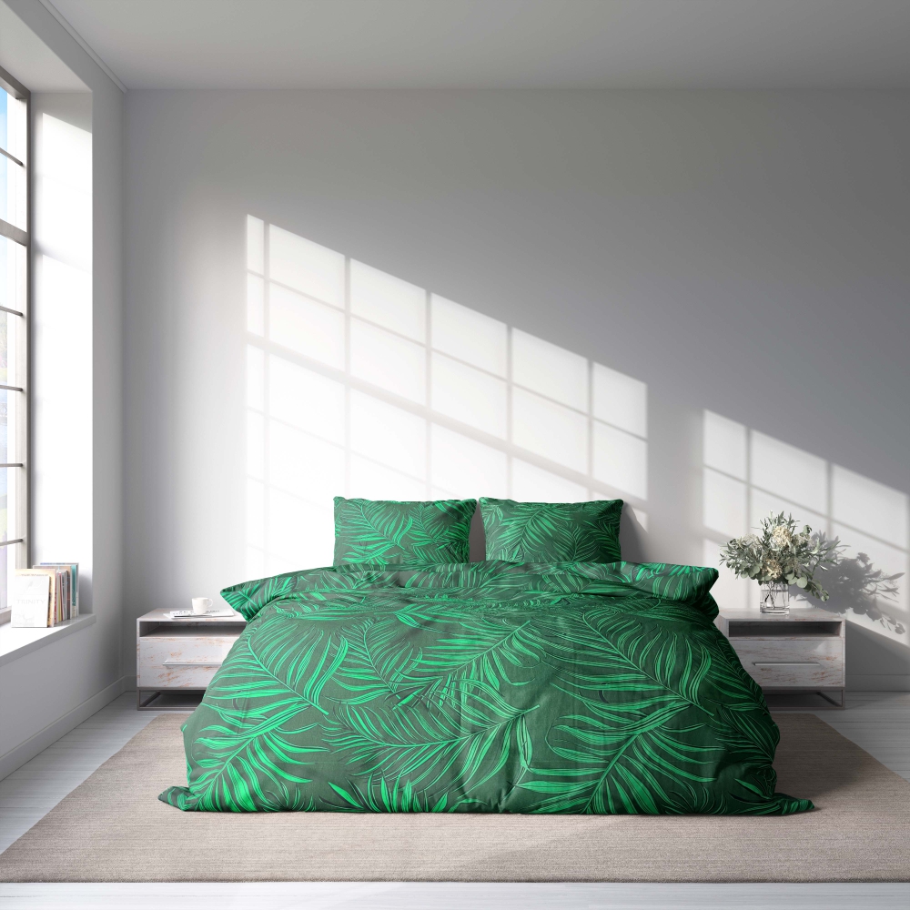 Voodipesu komplekt "Fern". Voodipesu komplektid 140x200, 140x200 cm, 160x200 cm, 200x200 cm, 200x220 cm. Rahustav roheline voodipesu, mida kaunistavad suured sõnajalgade motiivid, mis toovad õue.