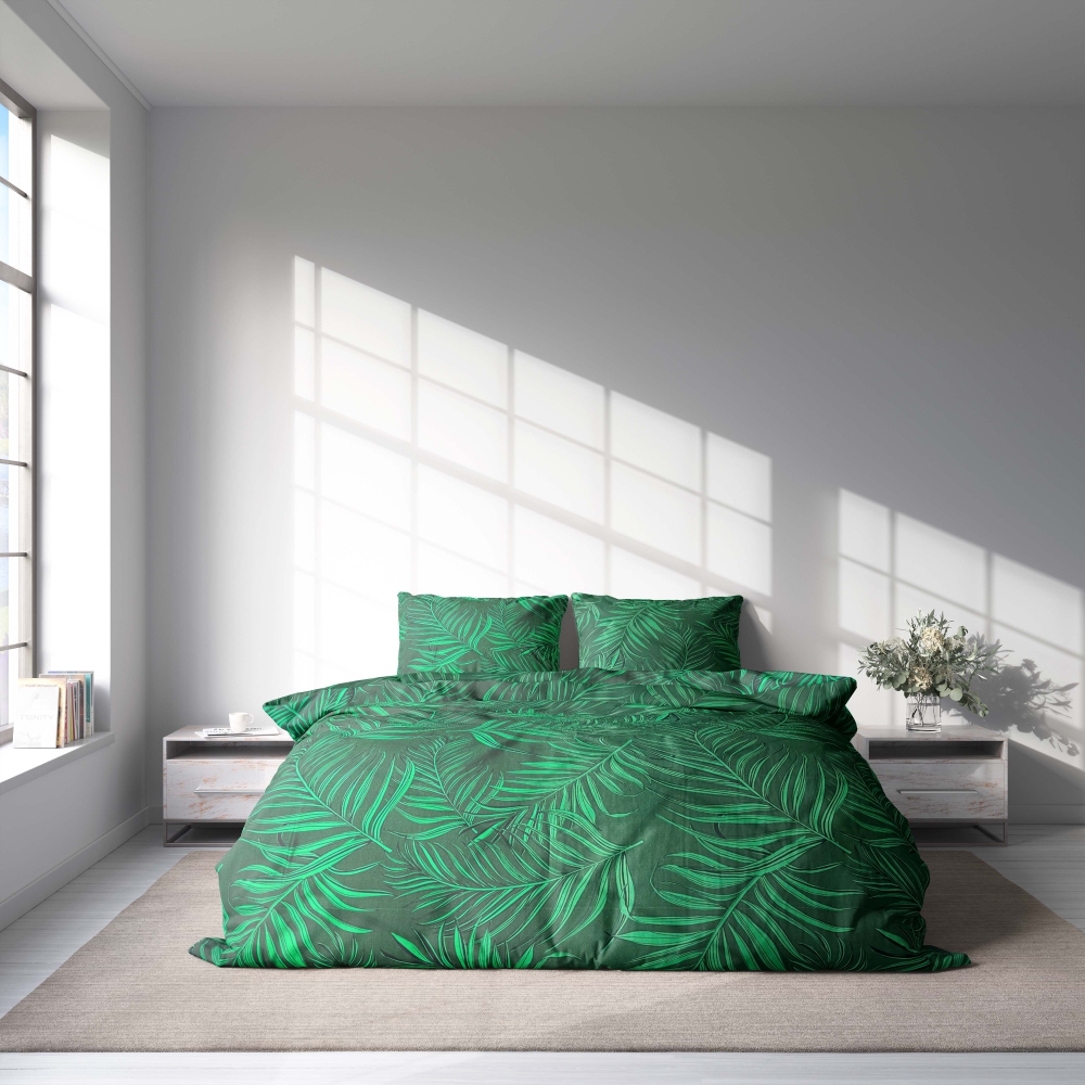 Voodipesu komplekt "Fern". Voodipesu komplektid 140x200, 140x200 cm, 150x200 cm, 160x200 cm, 180x200 cm, 200x200 cm, 200x220 cm, 220x240 cm. Rahustav roheline voodipesu, mida kaunistavad suured sõnajalgade motiivid, mis toovad õue.