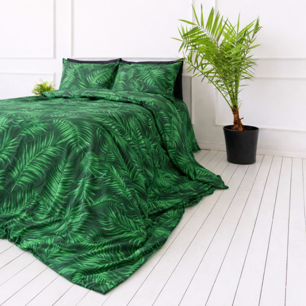 Voodipesu komplekt "Fern". Voodipesu koos taimedega, 140x200 cm, 150x200 cm, 160x200 cm, 180x200 cm, 200x200 cm, 200x220 cm. Rahustav roheline voodipesu, mida kaunistavad suured sõnajalgade motiivid, mis toovad õue.