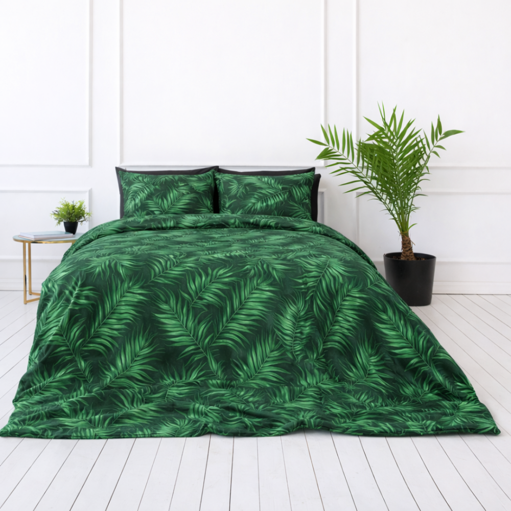 Voodipesu komplekt "Fern". Voodipesu koos taimedega, 140x200 cm, 150x200 cm, 160x200 cm, 180x200 cm, 200x200 cm, 200x220 cm. Voodipesu komplekt, millel on silmapaistev sõnajalgade muster sügavrohelisel taustal.