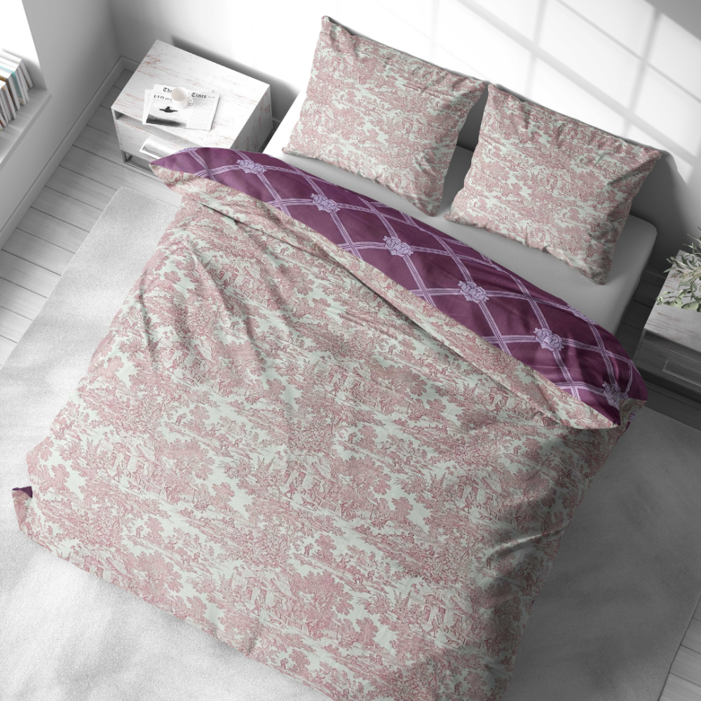 Voodipesu komplekt "Fiery". Voodipesu komplektid 140x200, 140x200 cm, 200x200 cm, 200x220 cm. Komplekt pakub kahte disainivalikut – üht roosade stseenide mustriga, teist rikkaliku lillaka ruudustikuga.