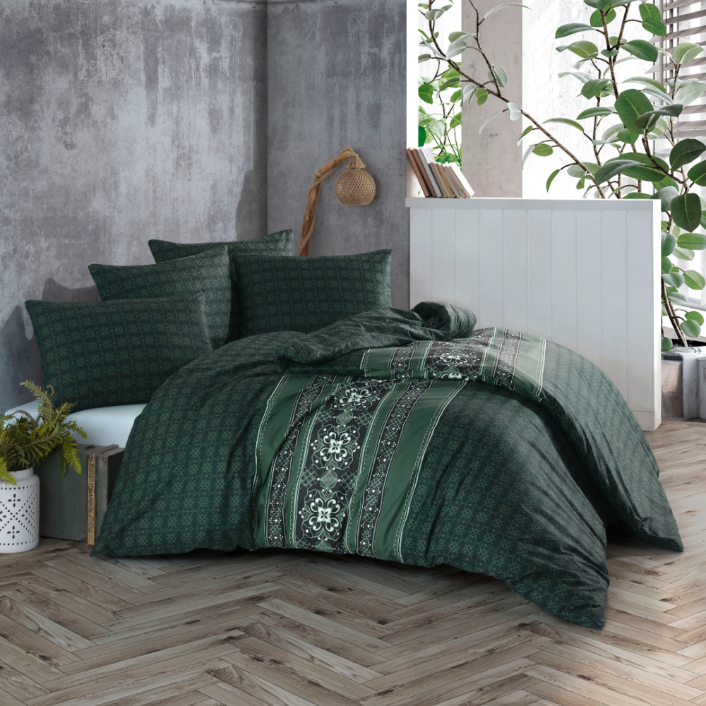 Voodipesu komplekt "Flavio Green". Puuvillane voodipesu, 200x200 cm, 200x220 cm. Tumeroheline voodipesu komplekt, millel on ristatud muster ringidega, mille keskel on keerulised lilled, mis lisavad elegantsust ja võlu.