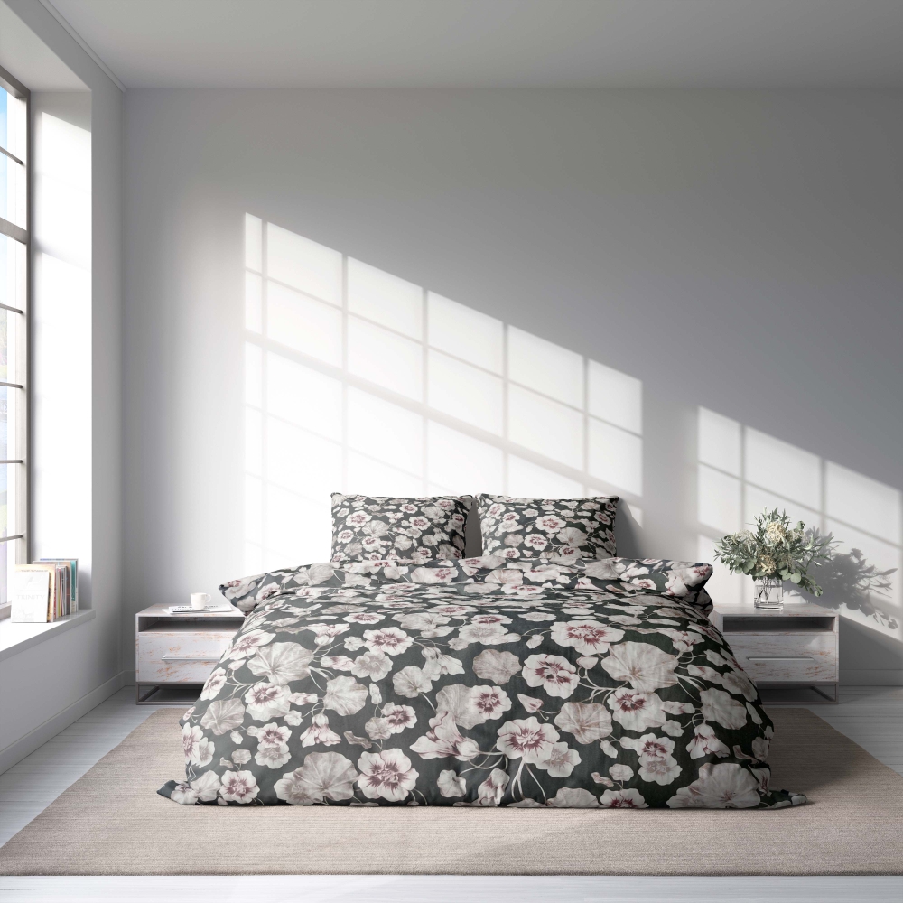 Voodipesu komplekt "Floret". Voodipesu komplektid 140x200, 140x200 cm, 160x200 cm, 200x200 cm, 200x220 cm, 220x240 cm. Stiilne tumehall voodipesu komplekt, millel on pruunikas lillemotiivid.
