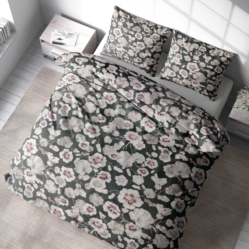 Voodipesu komplekt "Floret". Voodipesu komplektid 140x200, 140x200 cm, 160x200 cm, 200x200 cm, 200x220 cm, 220x240 cm. Šikk tumehall voodipesu, mida kaunistavad õrnad pruunikad lillepeenrad.