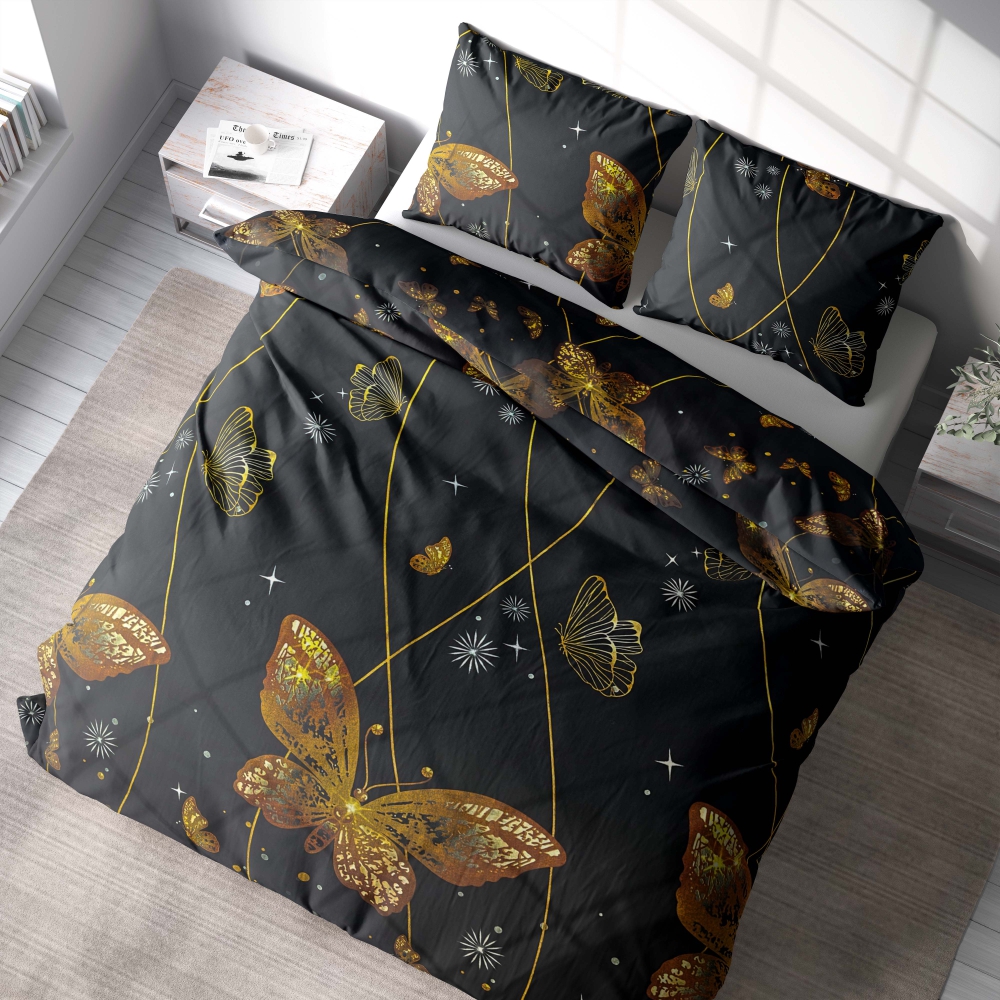 Voodipesu komplekt "Flutter". Voodipesu komplektid 140x200, 140x200 cm, 200x200 cm, 200x220 cm, 220x240 cm. Lummav must voodipesu, mida kaunistavad elujõulised oranžid liblikad ja graatsilised kumerused.