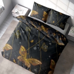 Voodipesu komplekt "Flutter". Voodipesu komplektid 140x200, 140x200 cm, 200x200 cm, 200x220 cm, 220x240 cm. Lummav must voodipesu, mida kaunistavad elujõulised oranžid liblikad ja graatsilised kumerused.
