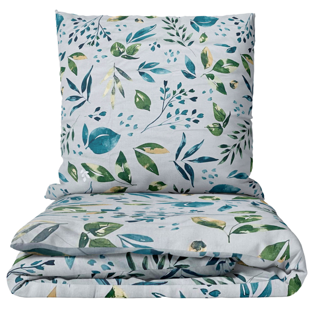 Voodipesu komplekt "Forest Breeze". Puuvillane voodipesu, 140x200 cm, 200x200 cm, 200x220 cm, 220x240 cm. Helehall voodipesu komplekt akvarellistiilis roheliste ja türkiissiniste lehtedega.